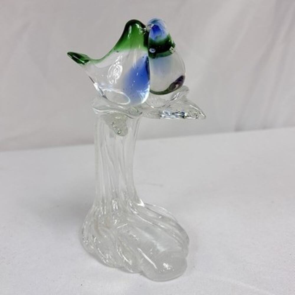 Vintage Hand Blown Art Glass Love Birds on a Branch Figurine Sculpture 6.5”